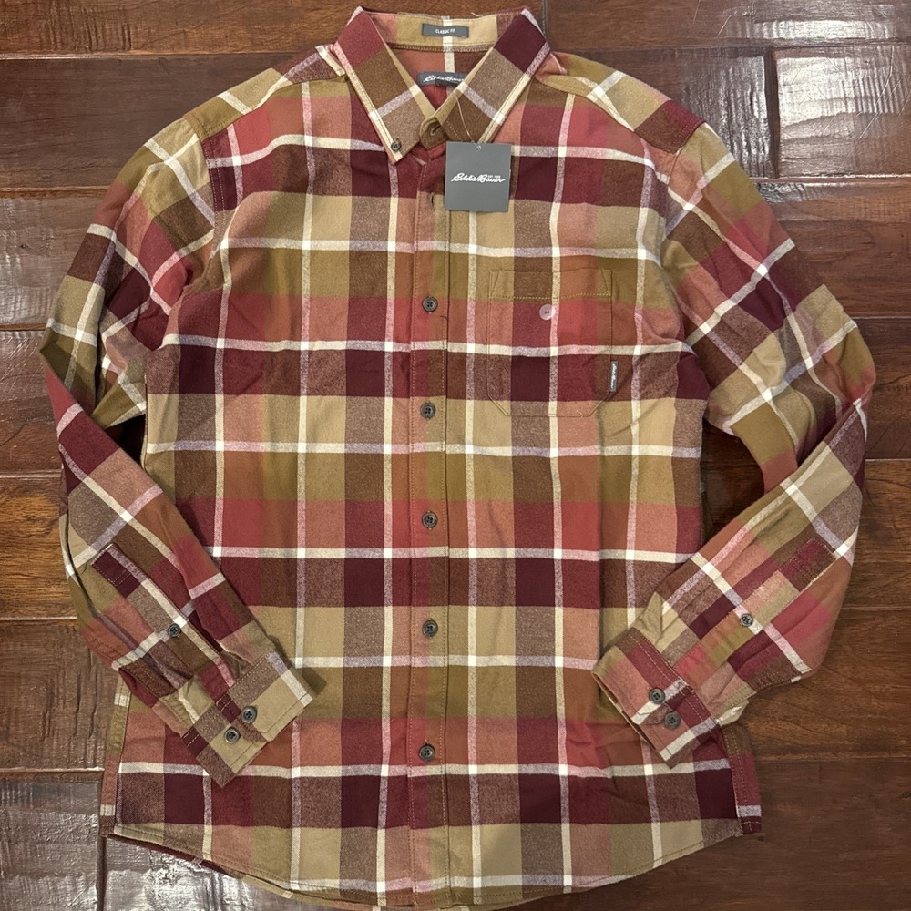 Eddie Bauer "Eddies Favorite" Beet Plaid Flannel Button Down Shirt Medium NWT